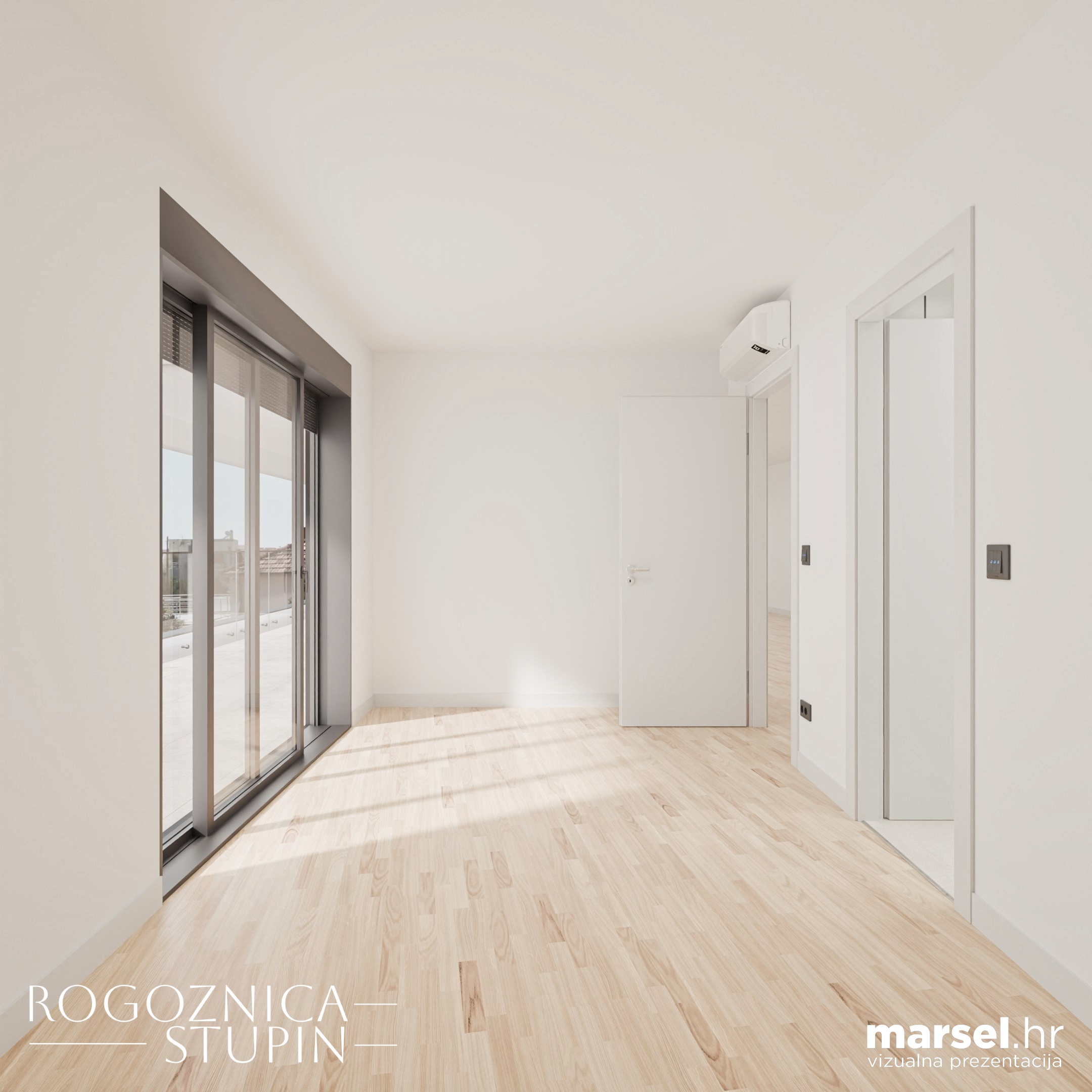 Vizualizacija interijera apartmana u novogradnji Rogoznica Stupin. Prostrani i svijetli unutarnji prostori s pogledom na more, idealni za stanovanje ili investiranje u apartman na dalmatinskoj obali.